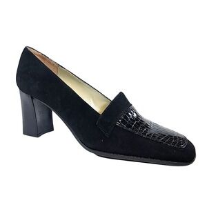 Vintage Inez DeLiso Black Suede Faux Croc Block Heel Pumps Spain Womens 9.5B